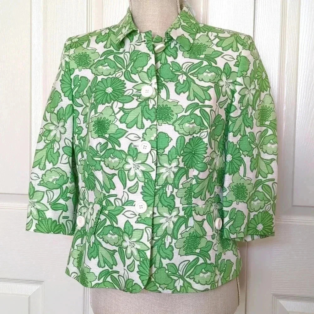 LOFT Green & White Floral Print Linen Blazer